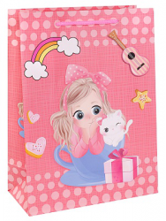 Dream cards Пакет подарочный с мат.лам. 18х24х8,5см (M) Девочка с котёнком, розовый, 210 г ПКП-3119