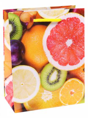 Optima Пакет подарочный с глянцевой ламинацией 11,5-14,5*6 см (S) Яркие фрукты,128г   ПКП-6305