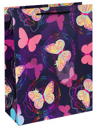 Dream cards Пакет подарочный с мат.лам. и глиттером 26х32х12 см (L) Розовые бабочки, 210 г ППК-5403