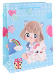 Dream cards Пакет подарочный с мат.лам. 31х40х12см (XL) Девочка с котёнком, голубой, 210 г ПКП-3181
